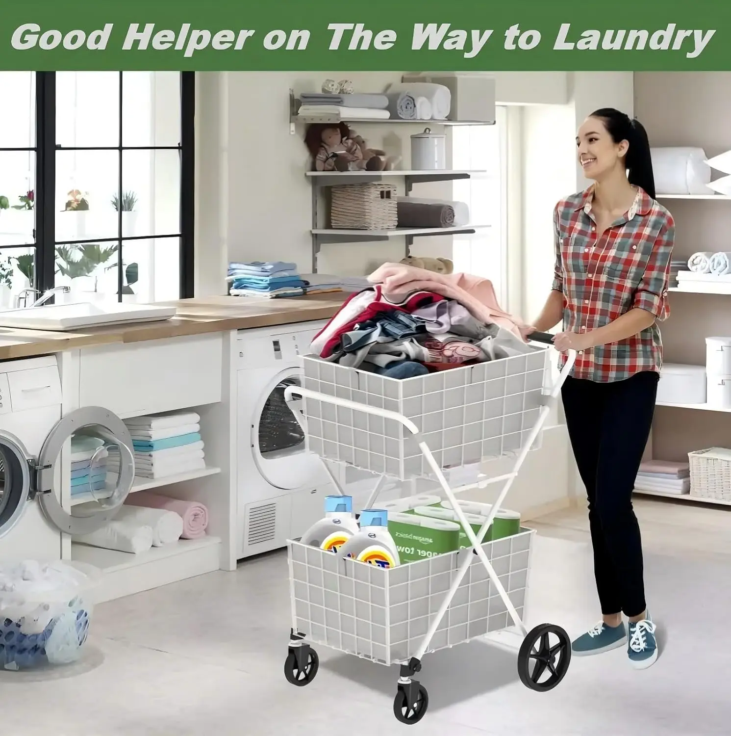 عربة تسوق كبيرة قابلة للطي بوزن 220 رطل على عجلات للبقالة، عربة بقالة كبيرة جدًا بطبقتين مع 2 قابلة للإزالة (أبيض) #1