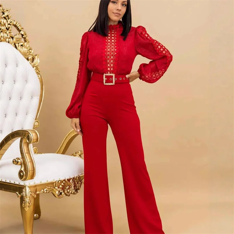Doyerl Elegant Romper Woman Jumpsuit Birthday Long Sleeve Hollow Out High Waist One Pieces Overalls Club Party Outfits with Belt