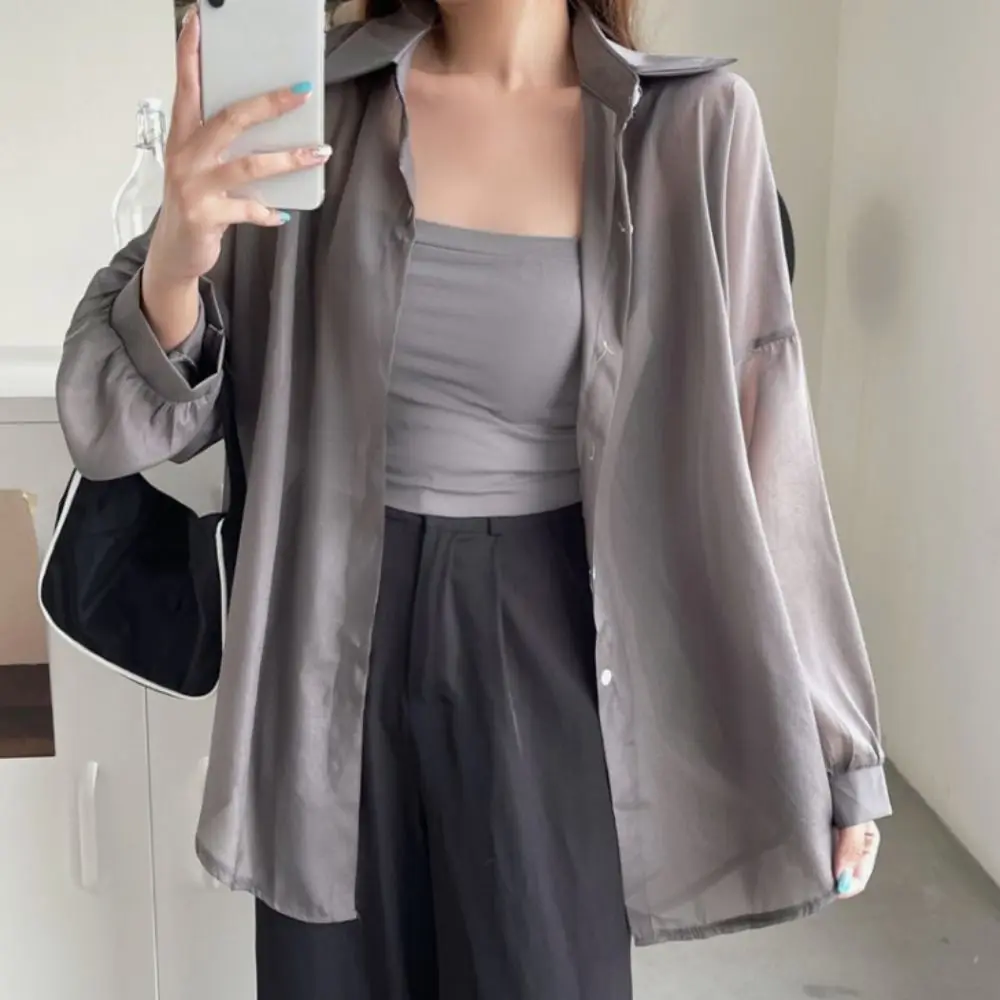 Casual Sun Protection Women Shirt Blouse Solid Color Long Sleeve Top Summer Outerwear Thin Female Chiffon Loose Cardigan