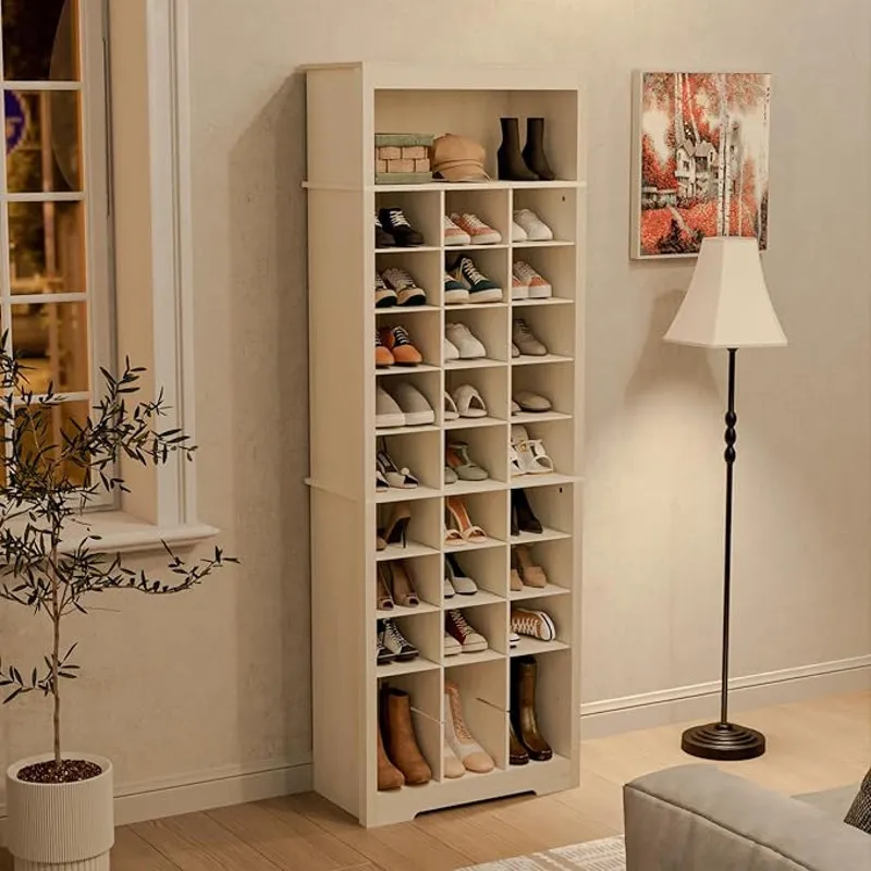 

White Tall Shoe Cabinet, Wooden Shoe Storage Organizer with Adjustable Shelves, Entryway Furniture with 30 Shoe Cubbies