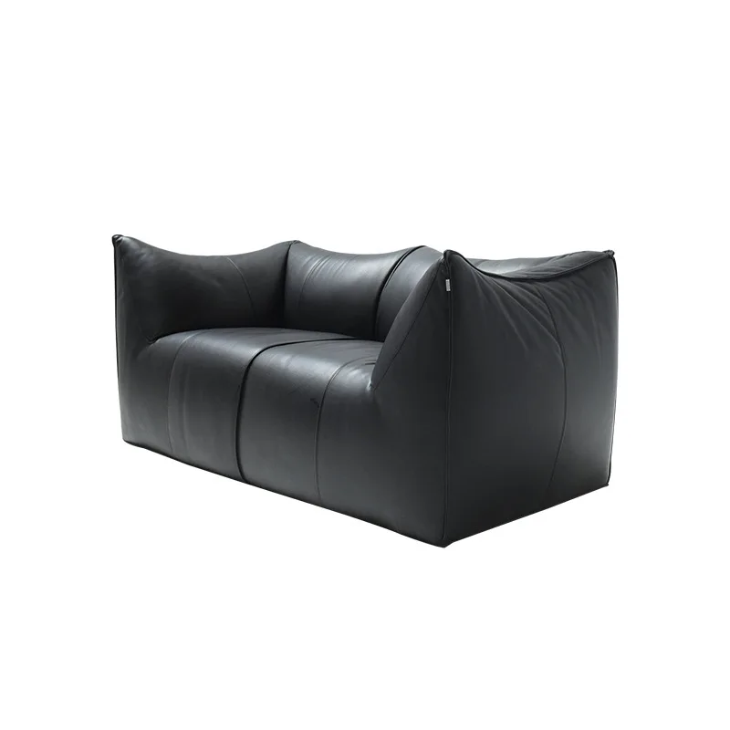 First layer leather black multi-person armrest sofa retro style