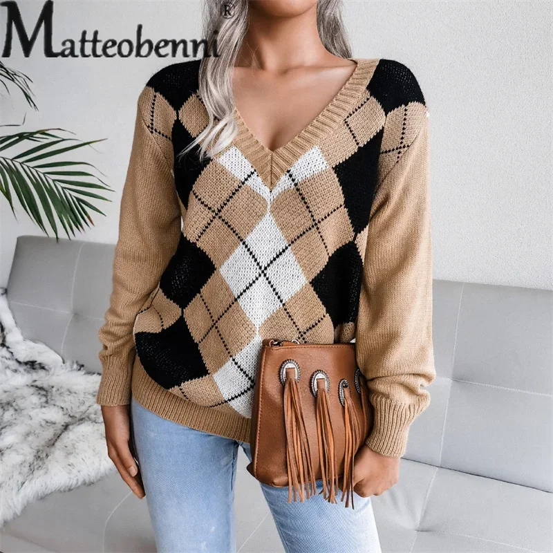 College Style Rhombus Sweater Women Elegant V Neck Pullover Jumpers Female Autumn Winter Casual Loose Knitwear Trend Streetwear