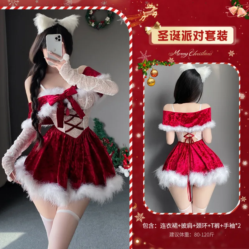 ออกแบบใหม่ผู้หญิงเซ็กซี่ลูกไม้คริสต์มาสปาร์ตี้เต้นรําชุดผู้ใหญ่เลดี้สไตล์ใหม่ปีสีแดง Babydoll สาวหวานคอสเพลย์ชุด
