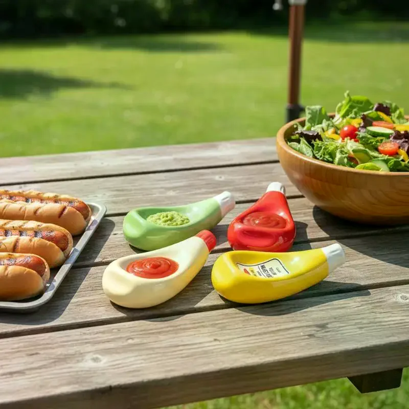 Juego de 4 Cuencos Creativos para Salsas (Ketchup, Mostaza, Mayonesa, Mostaza Dijon), Platos Modernos para Salsas de Cocina para Uso en el Hogar y Fiestas