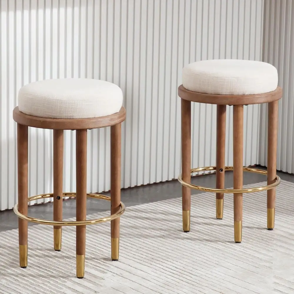 Set of 2 Rustic Linen Upholstered Wooden Leg Bar Stools, Round Counter Height Chairs, Beige