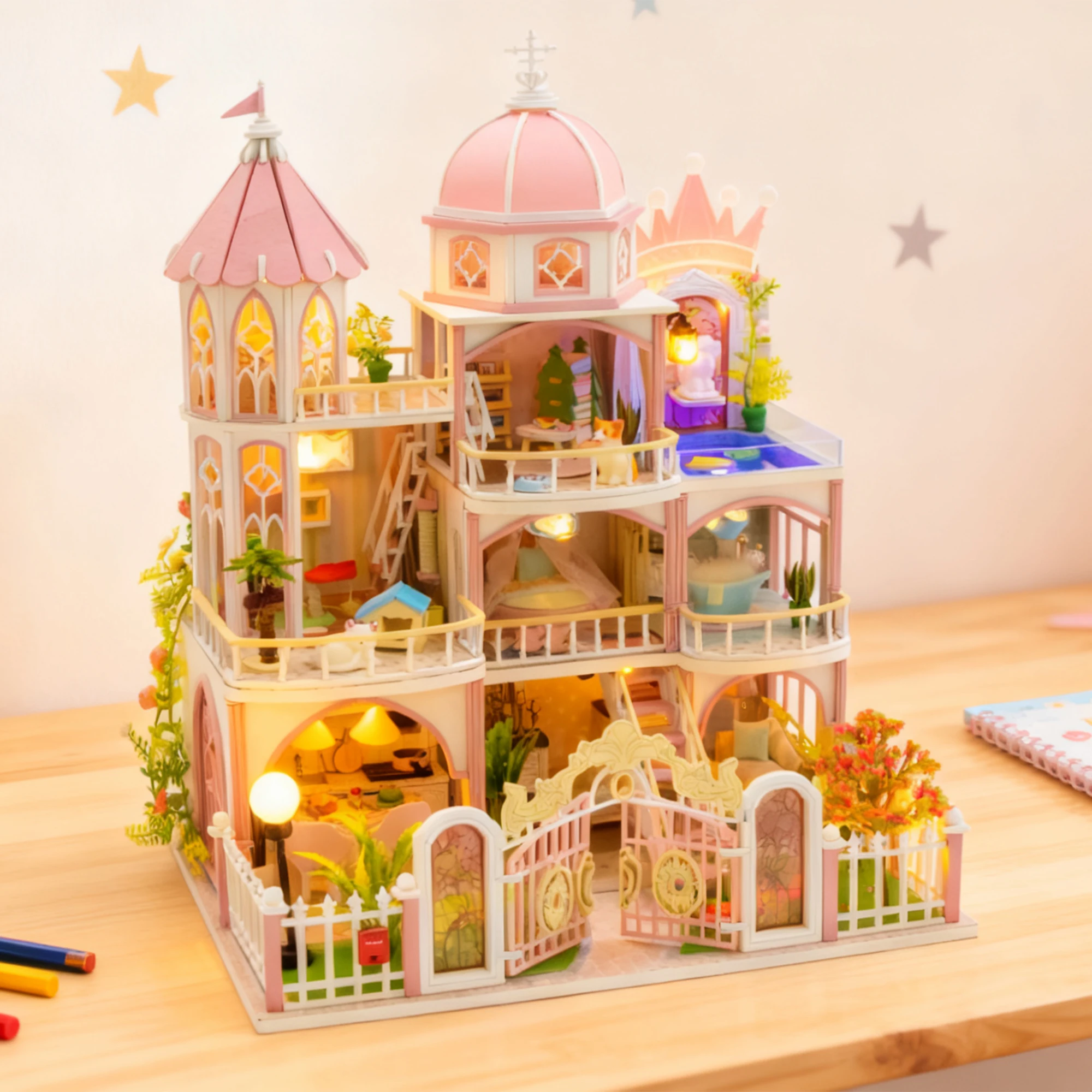 ชุดโมเดลไม้ DIY ใหม่ ปราสาทเจ้าหญิง วิลล่า ตัวต่อ 3 มิติ บ้านตุ๊กตา พร้อมเฟอร์นิเจอร์และไฟ สำหรับเป็นของขวัญวันเกิดให้เพื่อน
