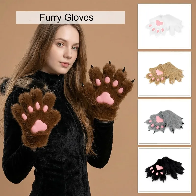 Animal Paws Claws Gloves Fursuit Cosplay Costume Accessories Furry Fur Cat Wolf Fox Dog Paw Halloween Party Roleplay Props