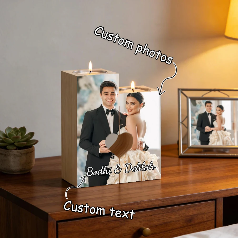 2-teiliges Set personalisierter Kerzenhalter mit Foto und Namen, Holz-Kerzenhalter, Geburtstagsgeschenk für Ihn/Ihr, personalisierter Kerzenhalter