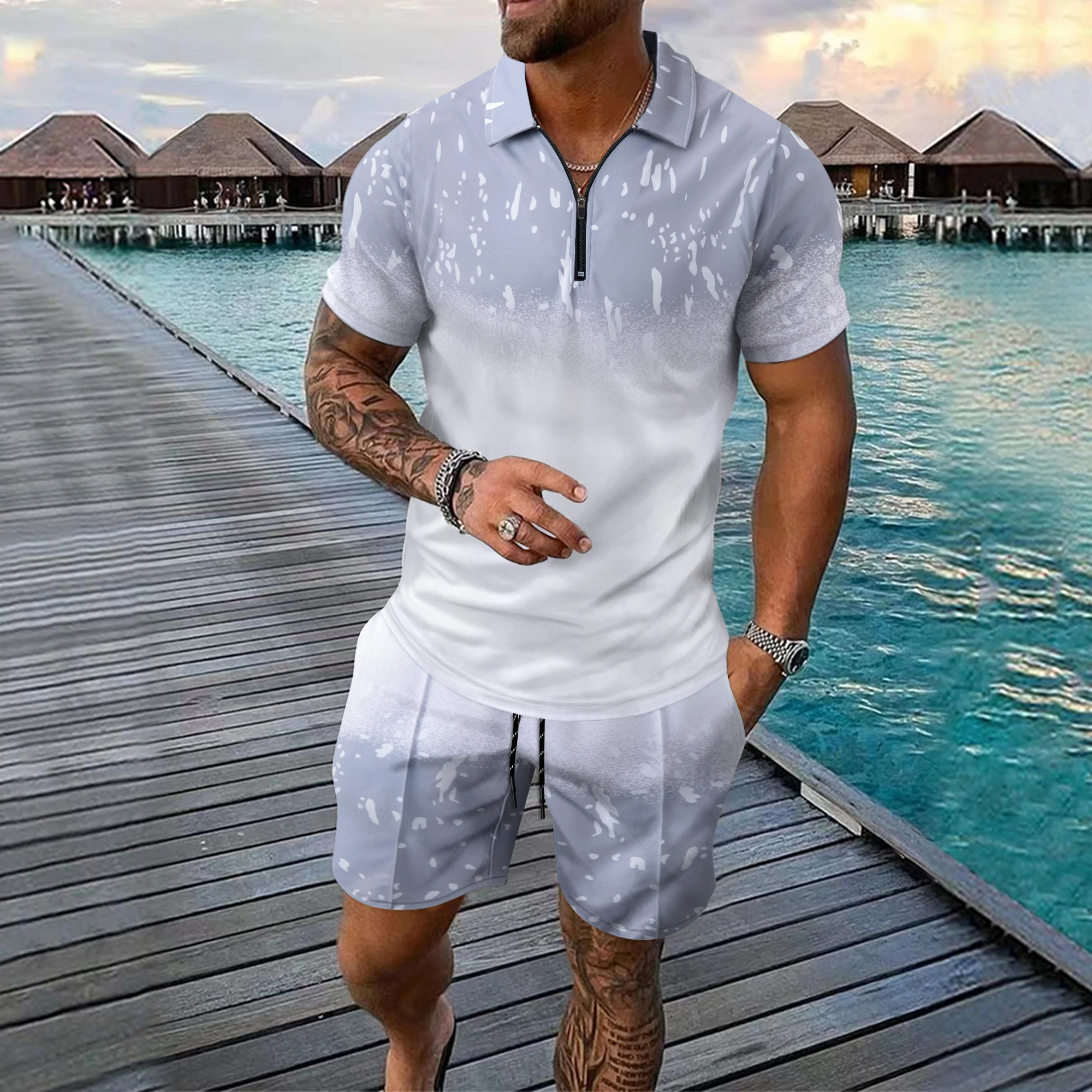Men's Short Sleeved Set 3D Checkered Printed Interesting Fashionable Zipper Polo Shirt Suit Loose Summer T-shirt Set Ropa Hombre