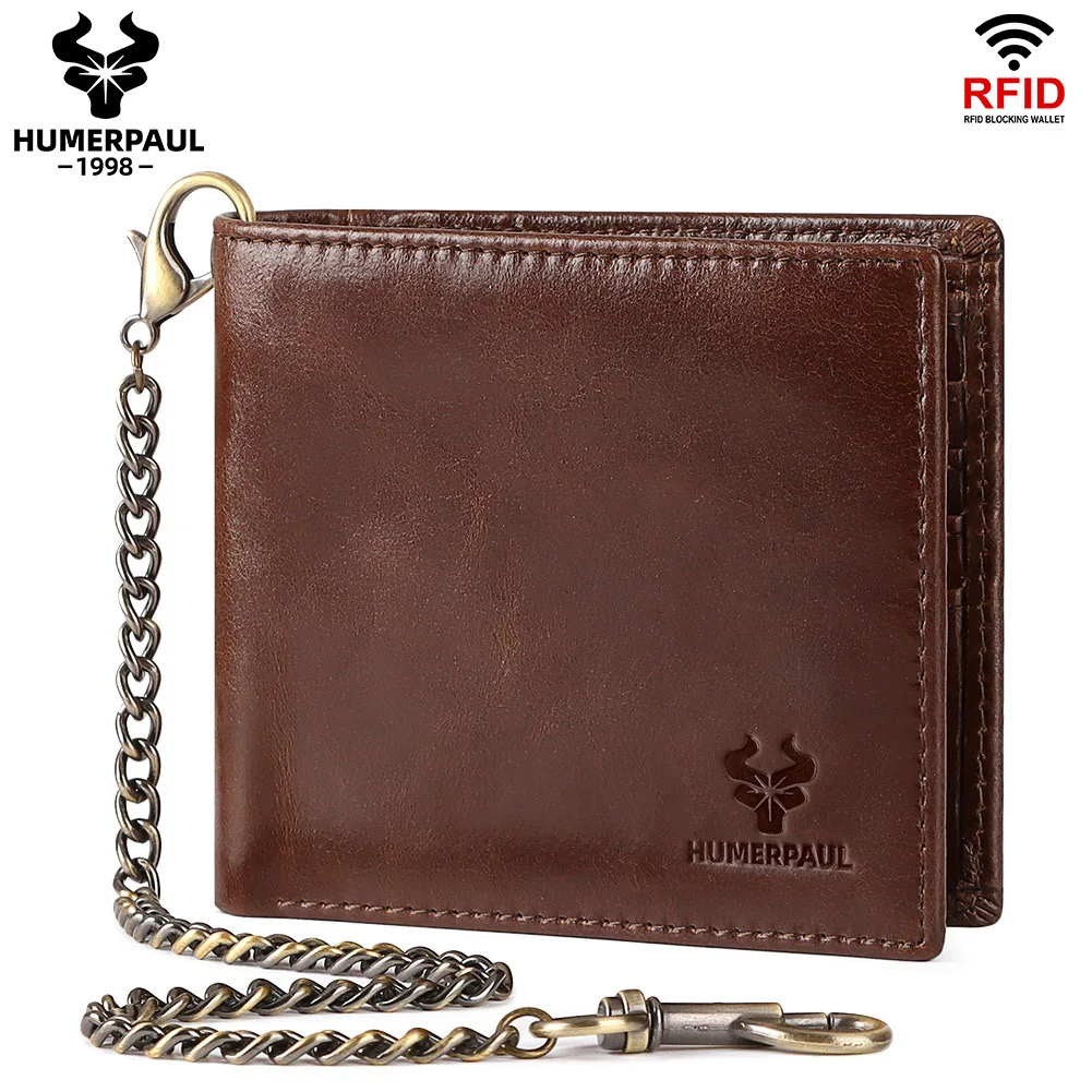 HUMERPAUL Genuine Leather Men Wallet Business Short Purse RFID Protect Credit Card Holder Clutch for Women with Anti-theft Chain