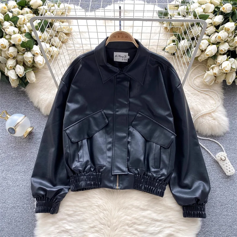 Spring Autumn Casual Women Faux PU Leather Jacket Coffee Color Black Apricot Short Coat Lapel Long Sleeve Female Biker Jacket