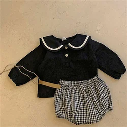 Ropa de primavera para bebé, camiseta de manga corta de estilo azul marino y pantalones cortos, conjuntos para niño y niña, Tops de algodón, conjunto de ropa para bebé de 0 a 2 años