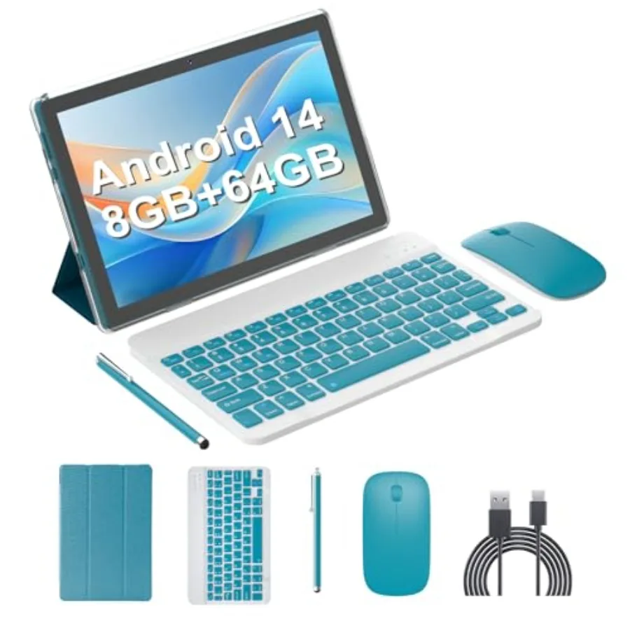 

Android 14 2-in-1 10-inch Tablet with Keyboard Mouse Case 8GB+64GB Storage 1TB Expansion 10.1 Display 6000mAh Battery Dual Came