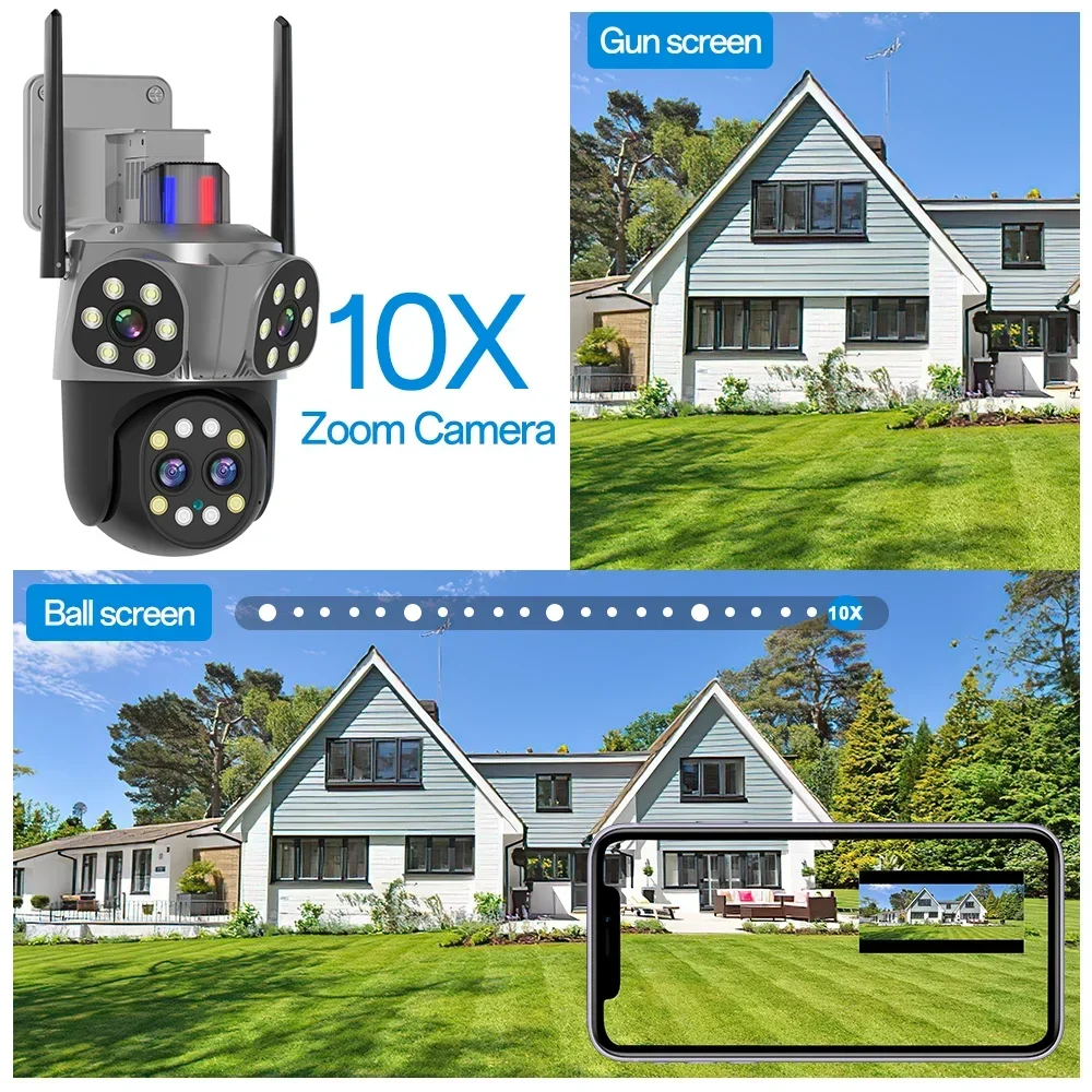 UPS 4K WIFI Camera Outdoor Four Lens Three Screen CCTV 10x Zoom Night Vision Video Surveillance Power Outage Continues To Work