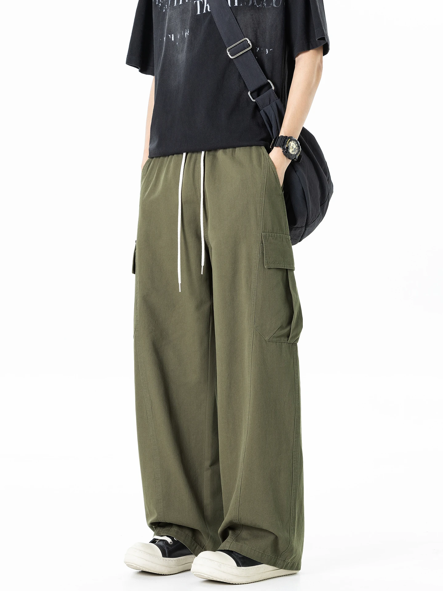 

Trendy Retro Dstring Elastic Straight Leg Work Pants Men's Street Loose Wide Leg Versatile Casual Long Trousers