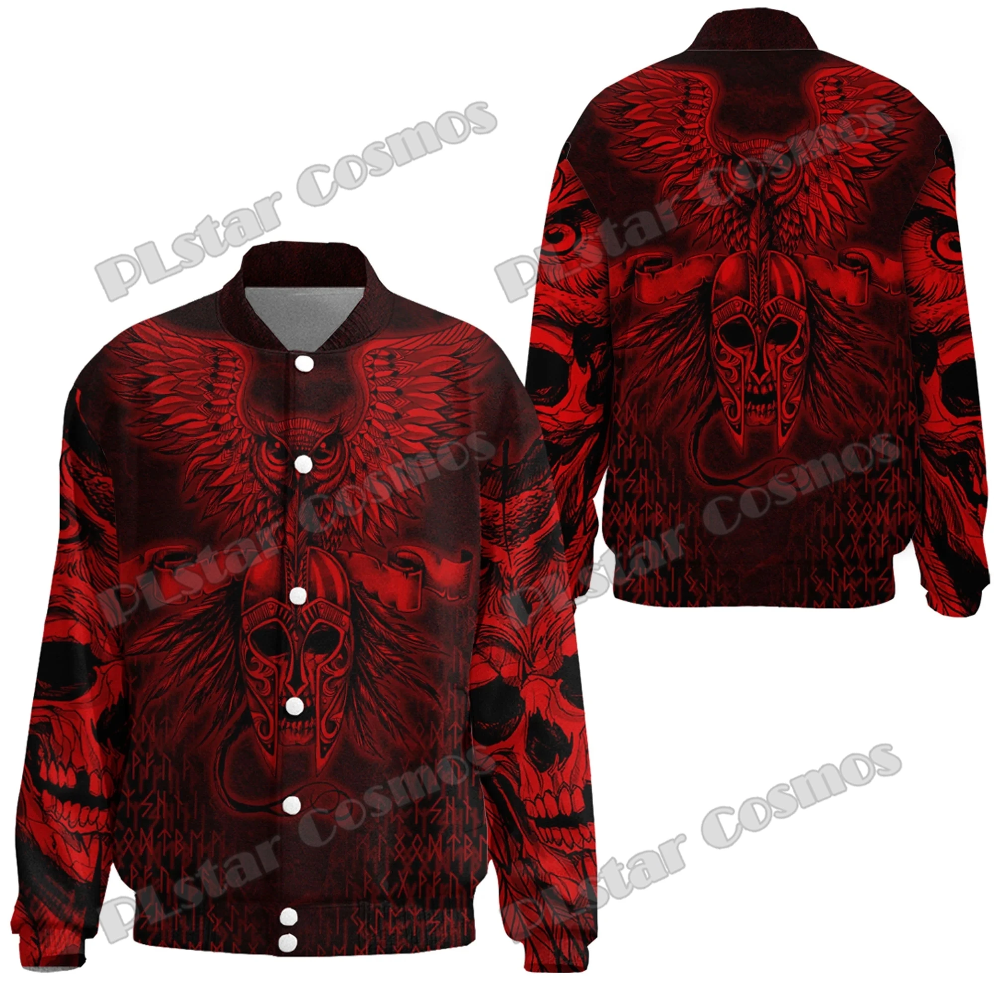 Uil Schedel Rood & Sleipnir Blauwe Tattoo 3d Geprint Heren Honkbal Varsity Jack Unisex Casual Winter Baseball Jack Fx28