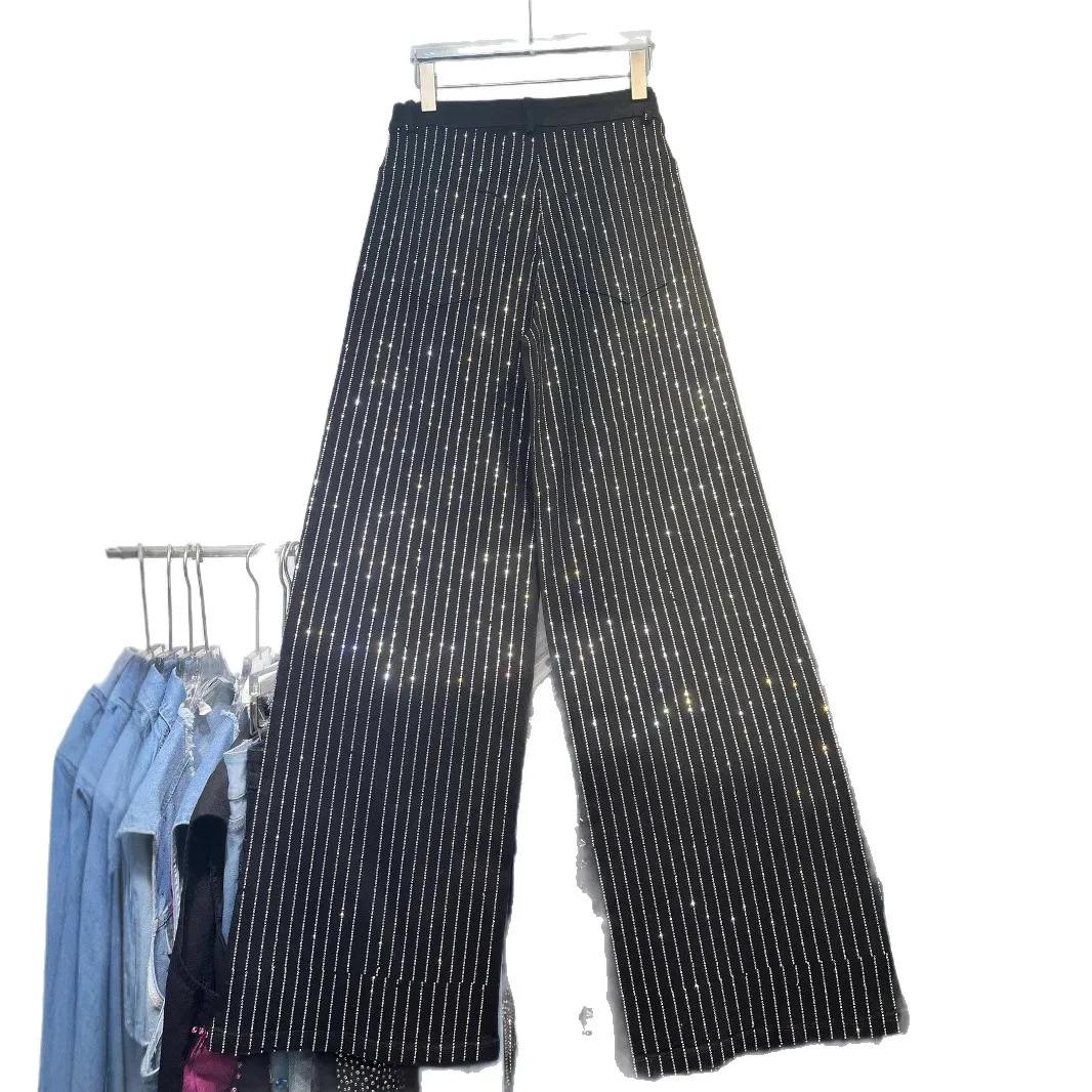 SuperAen Jeansy damskie w pionowe paski z diamentami, nowość na lato 2025, oversize, proste, z wysokim stanem, szerokie nogawki