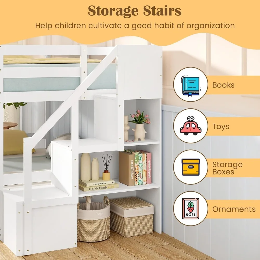 Twin Over Twin Bunk Bed with Stairs, Solid Wood Floor Bunk Bed with Storage Staircase & Full-Length Guardrails, Low Bunk Beds