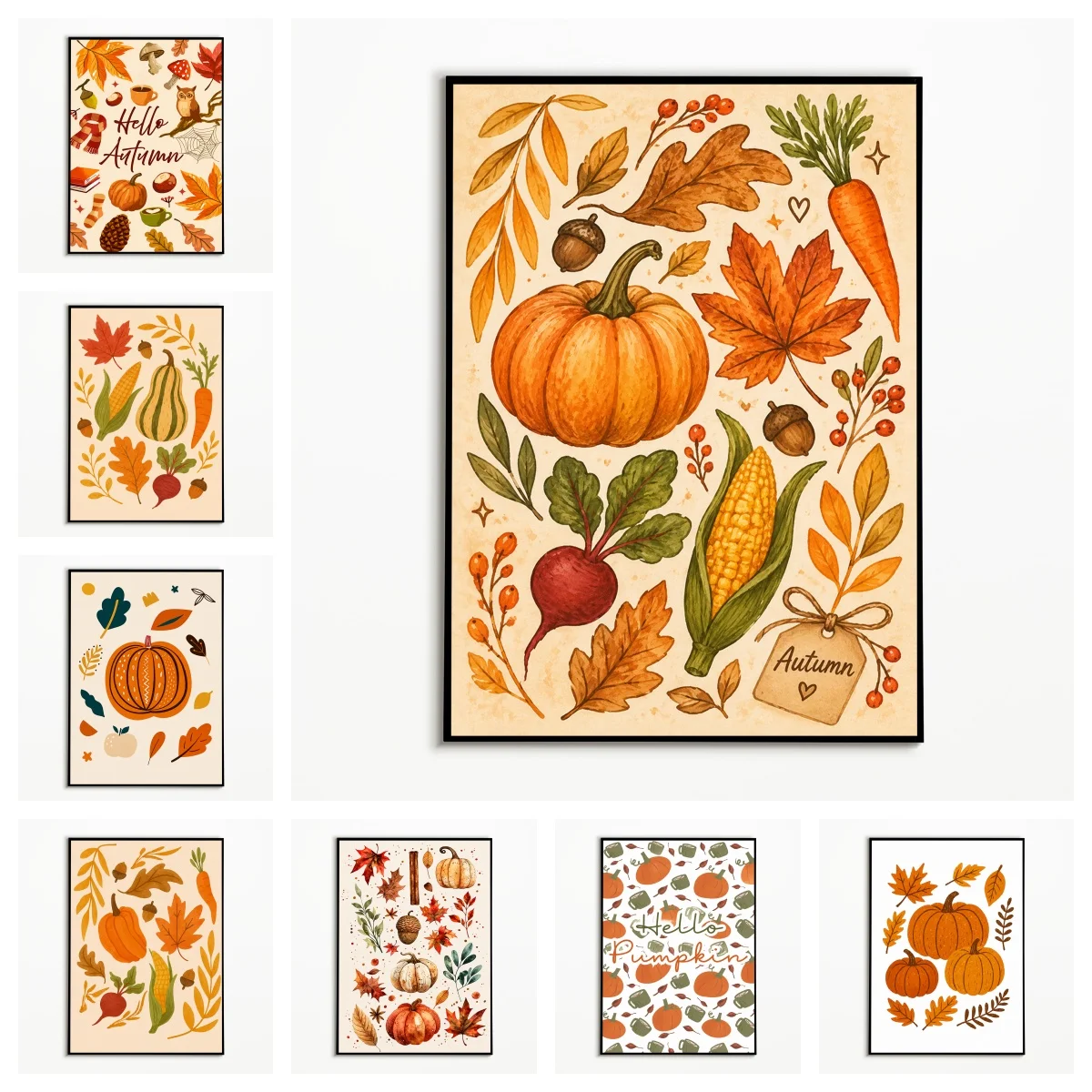 1PC Autumn Harvest Fruits Vegetables Poster Pumpkin Corn Maple Leaf Wall Art Thanksgiving Day Canvas Printing Fall Gift