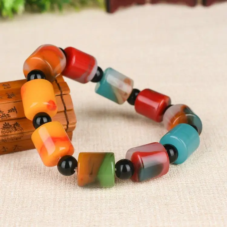 

Xinjiang Gobi Colorful Jade Barrel Beads Single Ring for Men and Women Joker Bracelet