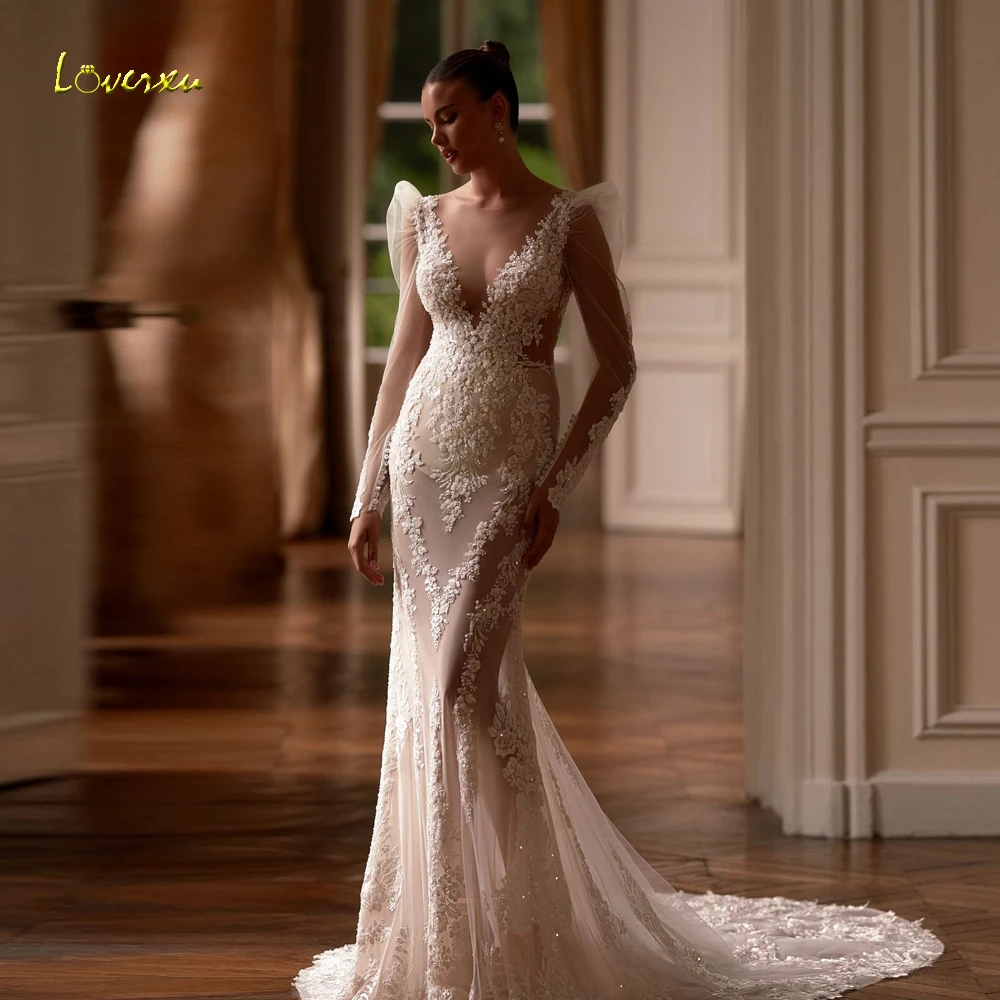 

Loverxu Mermaid Sexy Wedding Dresses V-Neck Long Sleeve Vestido De Novia Lace Embroidery Princess Custom Made Robe De Mariee