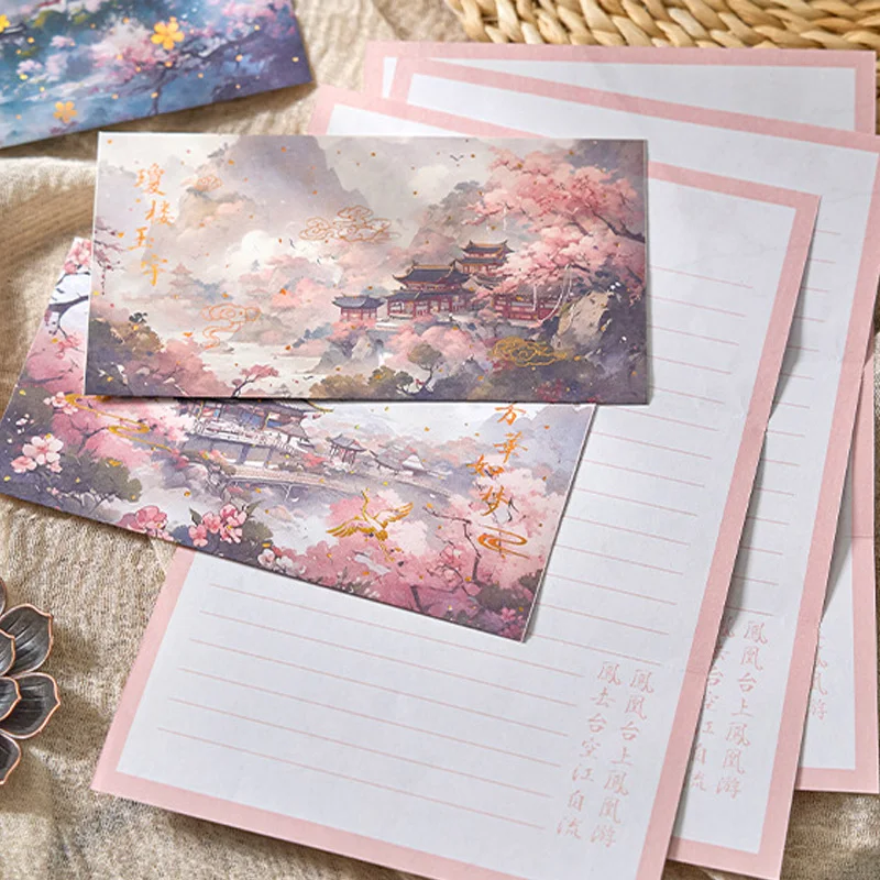 4 Envelopes 8 Writing Letter Paper with Sealing Label Retro Flower Envelope Aesthetic Sakura DIY Invitation Message Cards Gifts