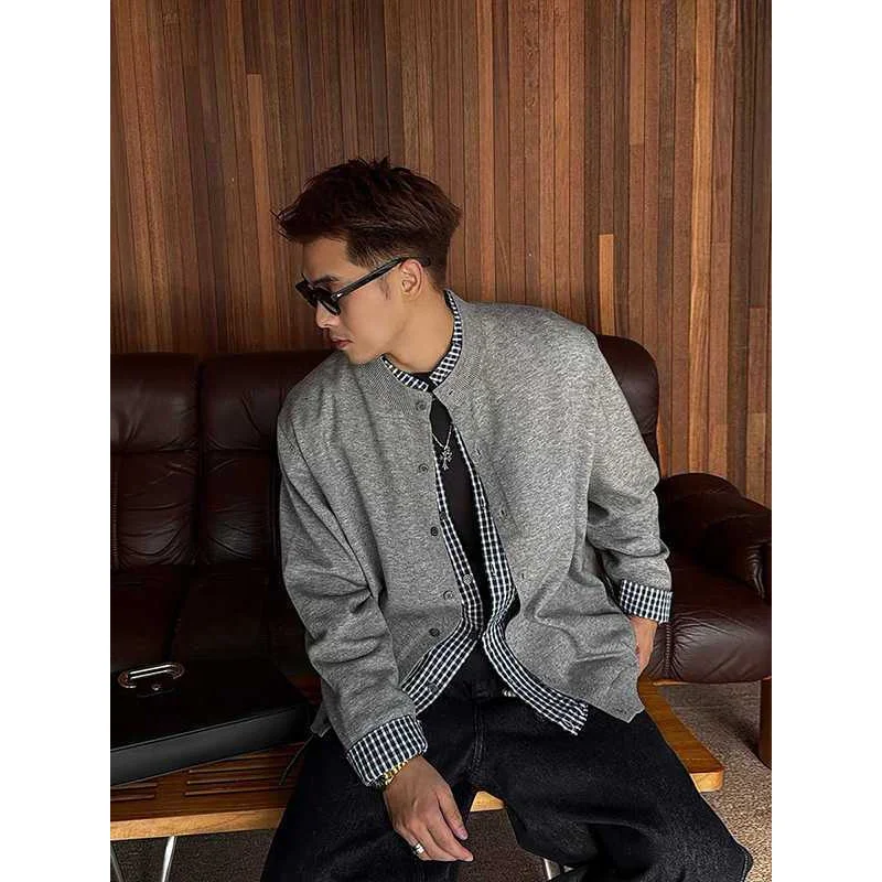 

Мужской свободный вязаный кардиган в клетку с эффектом пэчворк, осенний, премиум-класса, в стиле кэжуал, удобный, свободного кроя