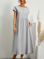 Kobiety Vintage Solid Dress 2024 Summer Elegant O Neck Short Sleeve Cotton Linen Dresses Female Casual Loose Sundress Long Dress