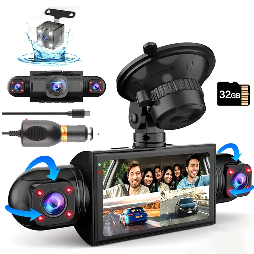 360° Dash Cam Front and Rear Inside ,4 Channel FHD 4 * 1080P, Wi-Fi GPS Voice Control Car Camera, with 62GB SD Card, Night Visio