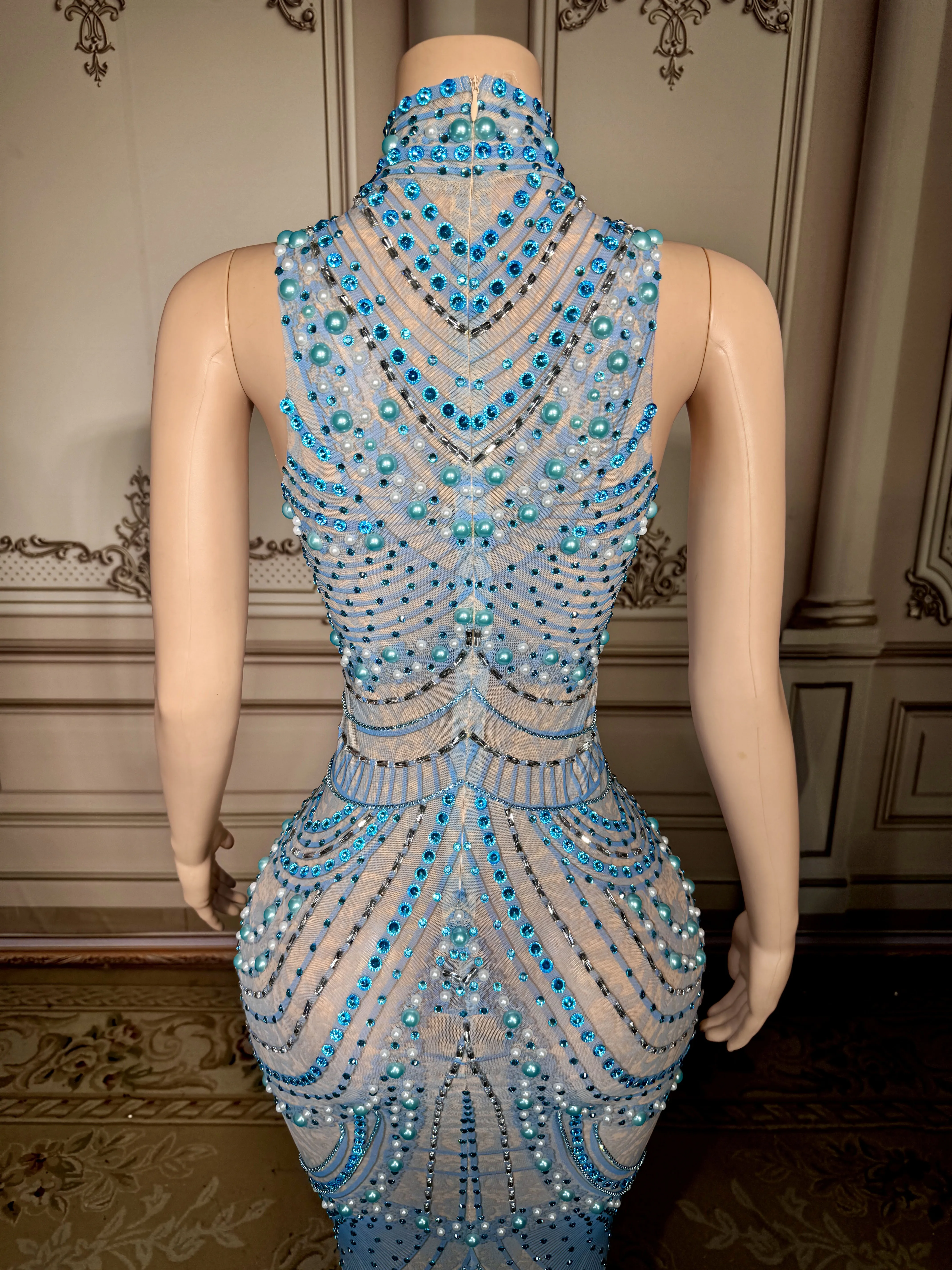 ZD レディース セクシー シースルー シアー メッシュ 長袖 ホローアウト ラインストーン装飾 フロア丈 パーティー ドレス