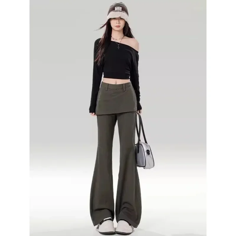 IMU Harajuku Patchwork High Waist Flared Jeans Female Retro Green Y2K Pants Hight Street Women'S Vintage Solid Color Denim Trous