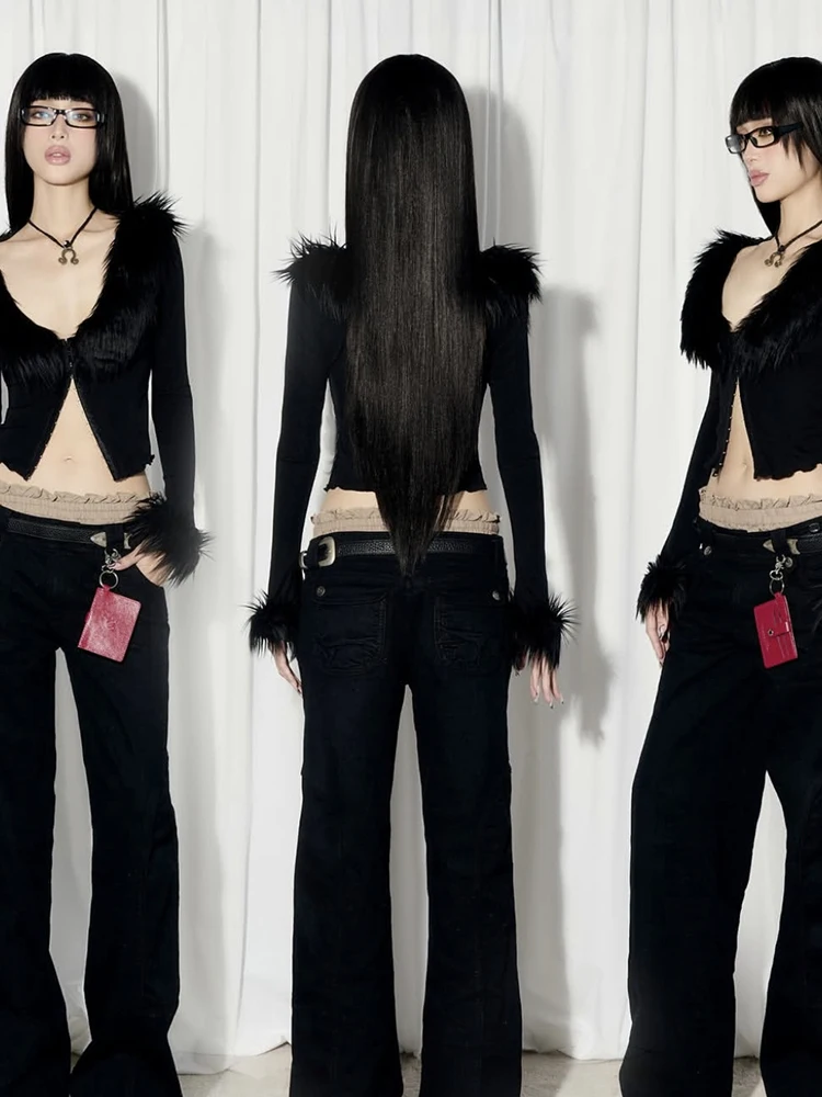 Chatte étrange Sexy fourrure Patchwork haut femmes tendance Hottie col en v manches longues boucle en métal sauvage Stretch maigre rue Club t-shirts