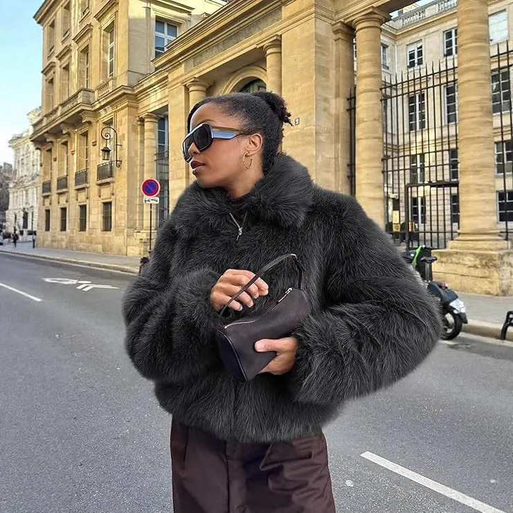 

Winter Fashion European American Style Faux Fur Short Coat -Fox Fur Texture Zip Lapel Jacket, Casual Versatile Women's Outerwear