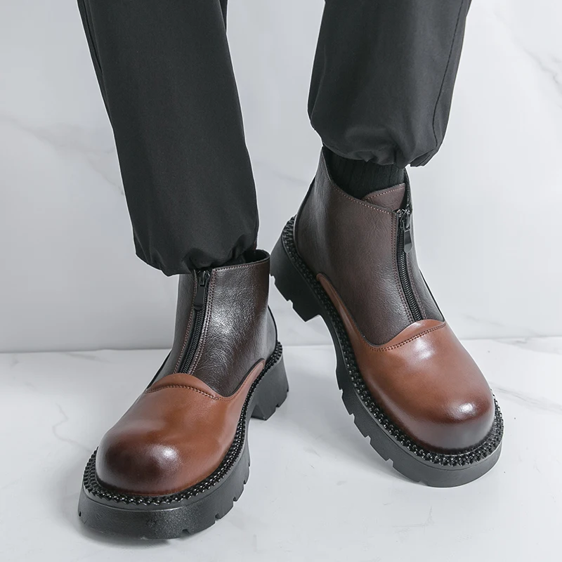

Men Fashionable Chelsea Boots Dark Brown High-top Thick-soled Leather Shoes Fashionable Pointed-toe Brand Men Boots Sizes 38-46