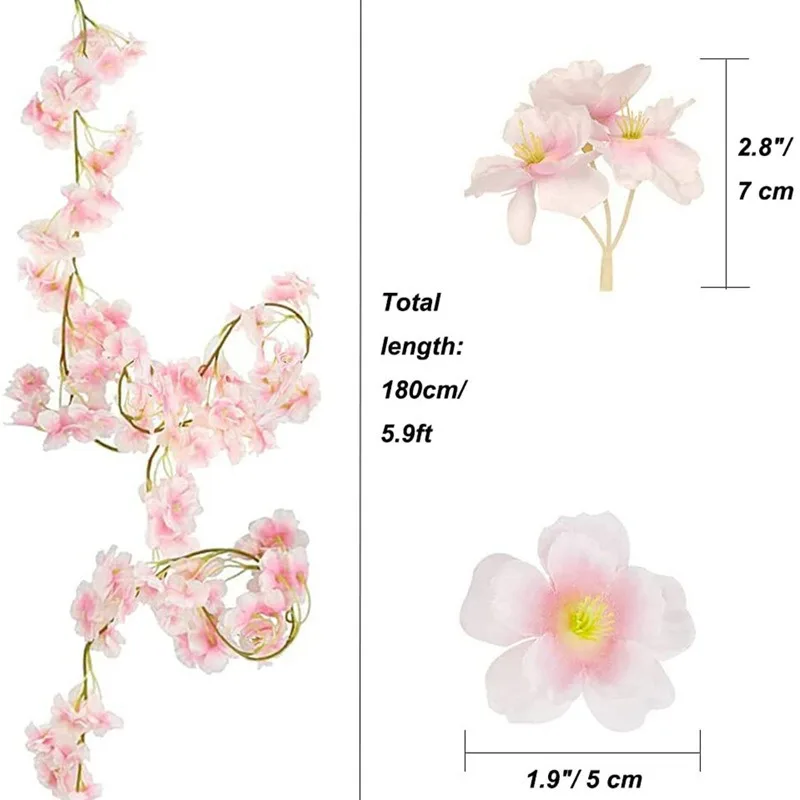 180cm Artificial Flowers Cherry Blossom Sakura Garland Wedding Arch Garden Backdrop Home Party Decoration Silk Fake Plants Vine