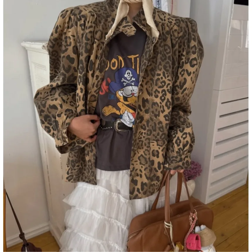 Retro Chic2025 Winter Nieuwe Sle Center Luipaardprint Veelzijdige Bovenkleding Top Vintage Open Vest Koreaanse Sle Dames Trui