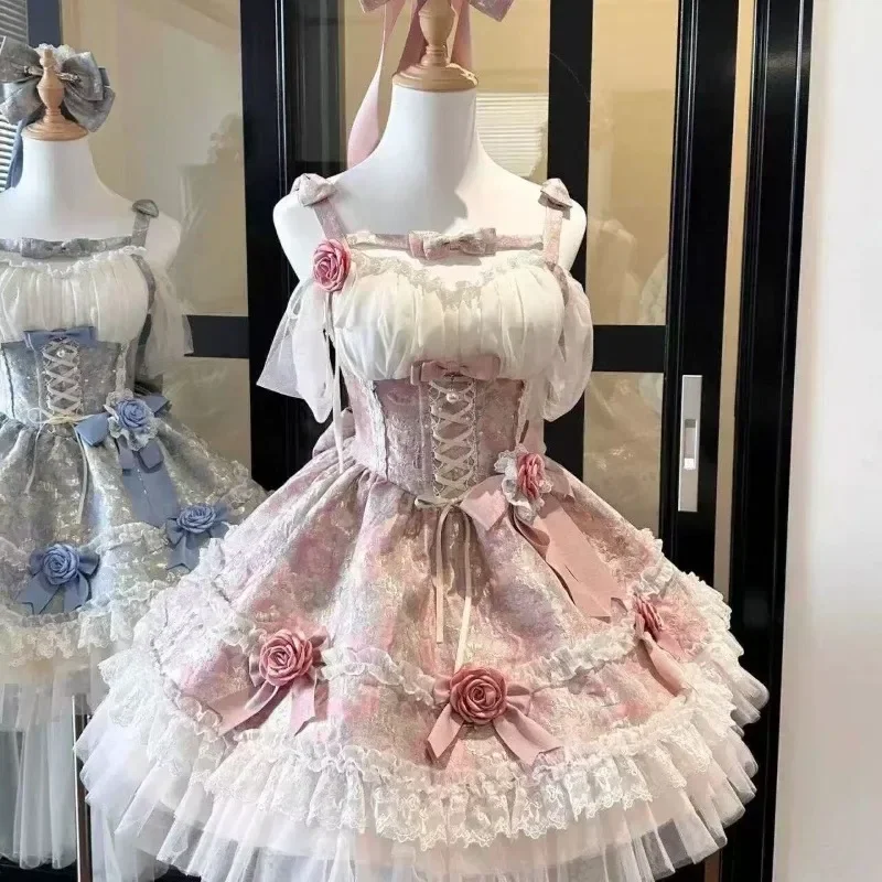 2025 French Summer Sweet Y2k Fairy Lolita Dress Women Long Sleeve Lace Mini Dress Vintage Kawaii Clothes One Piece Dress Korean