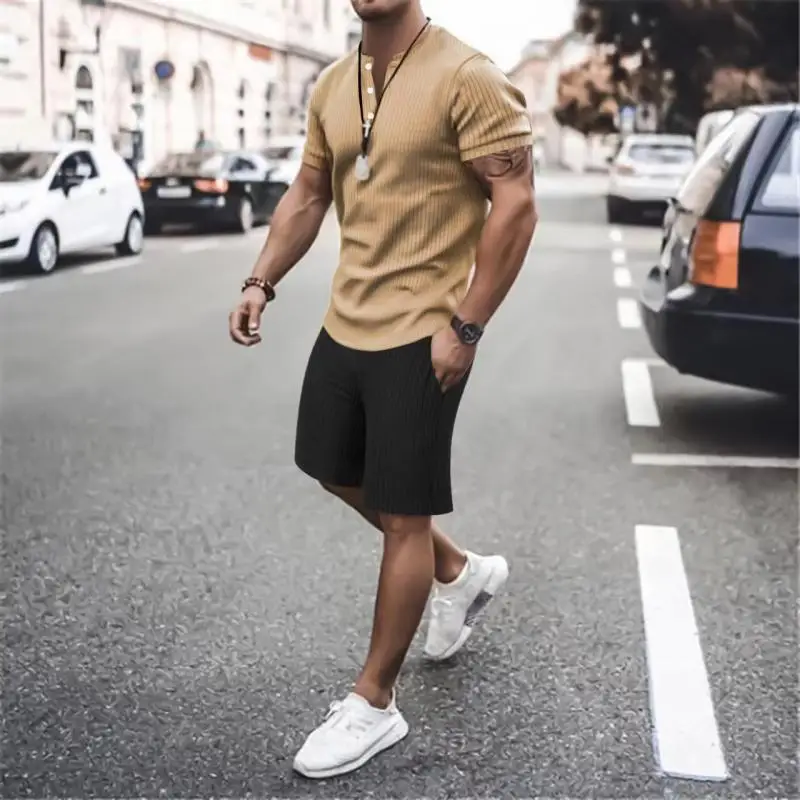 تي شيرت وشورت مخطط للرجال ، رقبة مستديرة ، أكمام ، فضفاضة ، أحادية اللون ، كاجوال ، رياضي ، جديد ، الصيف ، 2 طقم قصير #6