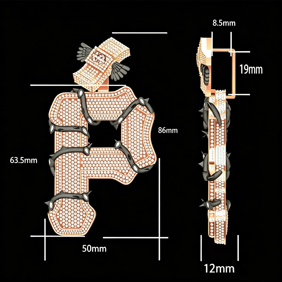3D Iced Out Hip Hop Barbed Letter P Pendant Micro Pave Cubic Zirconia 18K Gold Plated Rose Gold Thorn Initial Charm Necklace Punk Streetwear Fine Jewelry Gift For Rapper Men Stage Wear Daily Party Custom Luxury Alphabet Bling Pendant Accessory