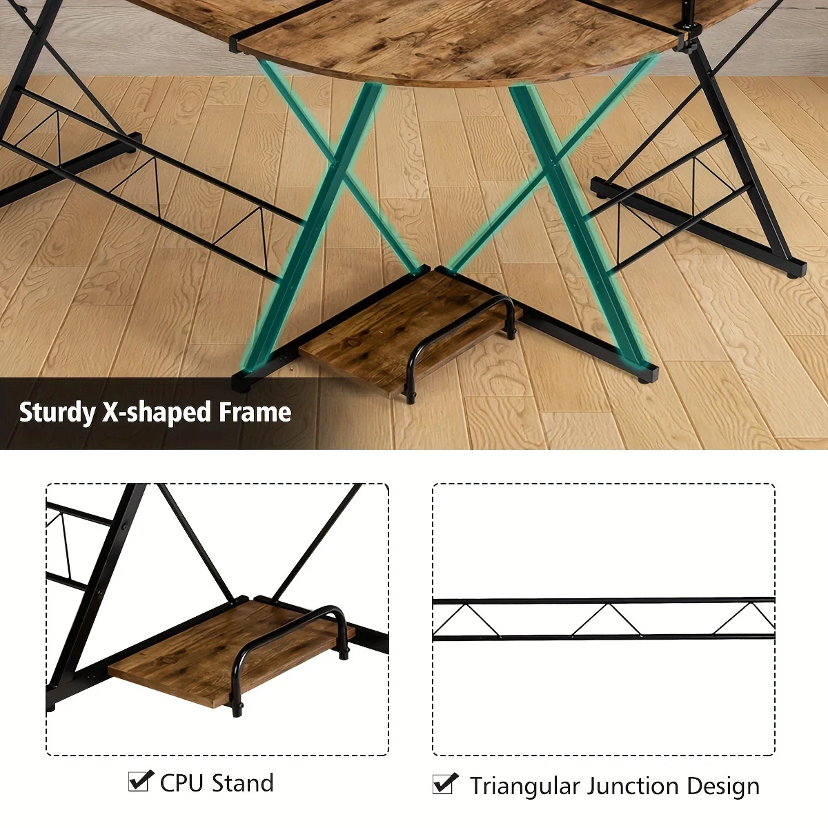 Meja berbentuk L, meja komputer sudut bolak-balik industri dengan rak dan dudukan CPU, untuk kamar tidur, kantor, belajar Tablas Consol 1 buah