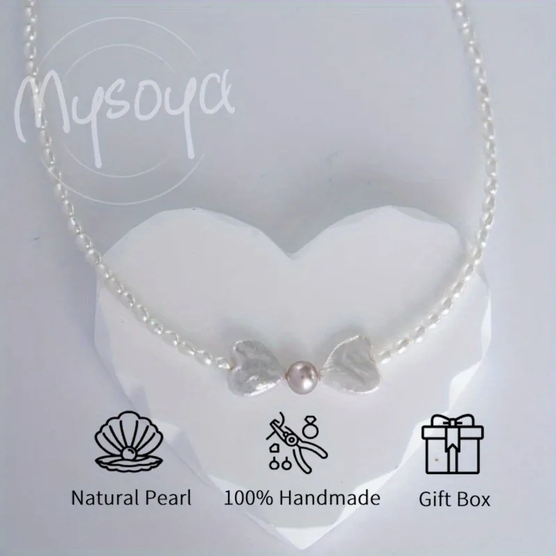 

Mysoya Rice-shaped Freshwater Pearl Necklace Heart-shaped Baroque Design 4-4.5mm & 10-11mm with Gift Box for Her Him for Wedding