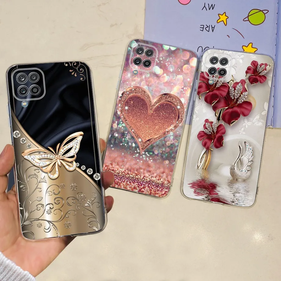 For Galaxy A12 A125F Samsung Cover Capa Case Bling Heart Butterlfly Flower Painting Fundas  For Samsung A12 SM-A125F Clear Cases