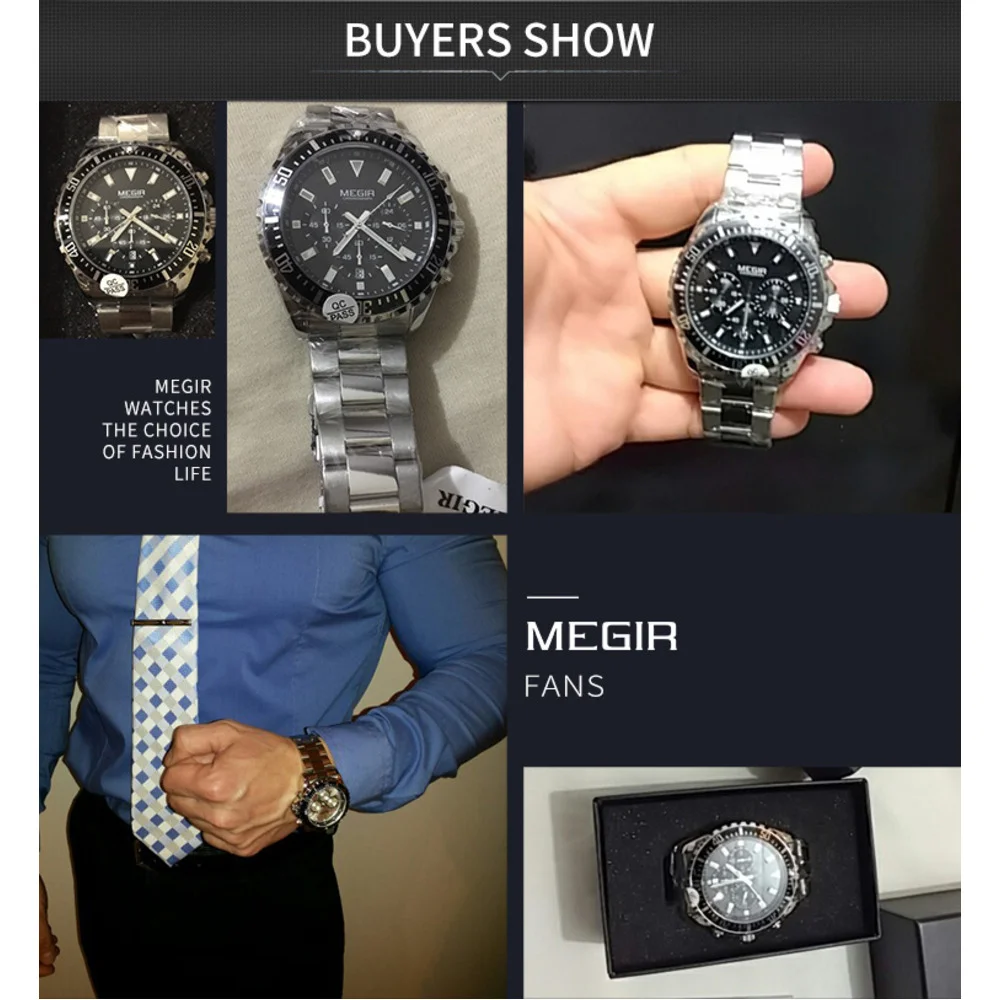 MEGIR Original Business Quartz Watch Men Brand Stainless Steel Chronograph Military Wristwatch Clock Relogio Masculino