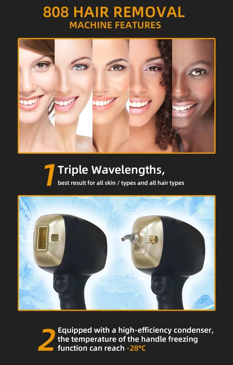 Popular 3 Wavelengths Diode Hair Removal Laser Machine Nose Hair Gadget remove Tiny Hair Best Cooling Painless Whole Body Treat