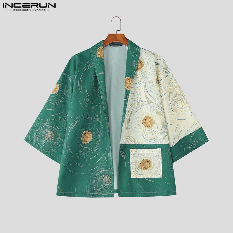 

INCERUN Мужская рубашка с принтом в стиле пэчворк с лацканами и рукавами 3/4, свободный повседневный мужской кардиган в стиле Харадзюку, уличная одежда, 2025 г., мужские рубашки, верхняя одежда
