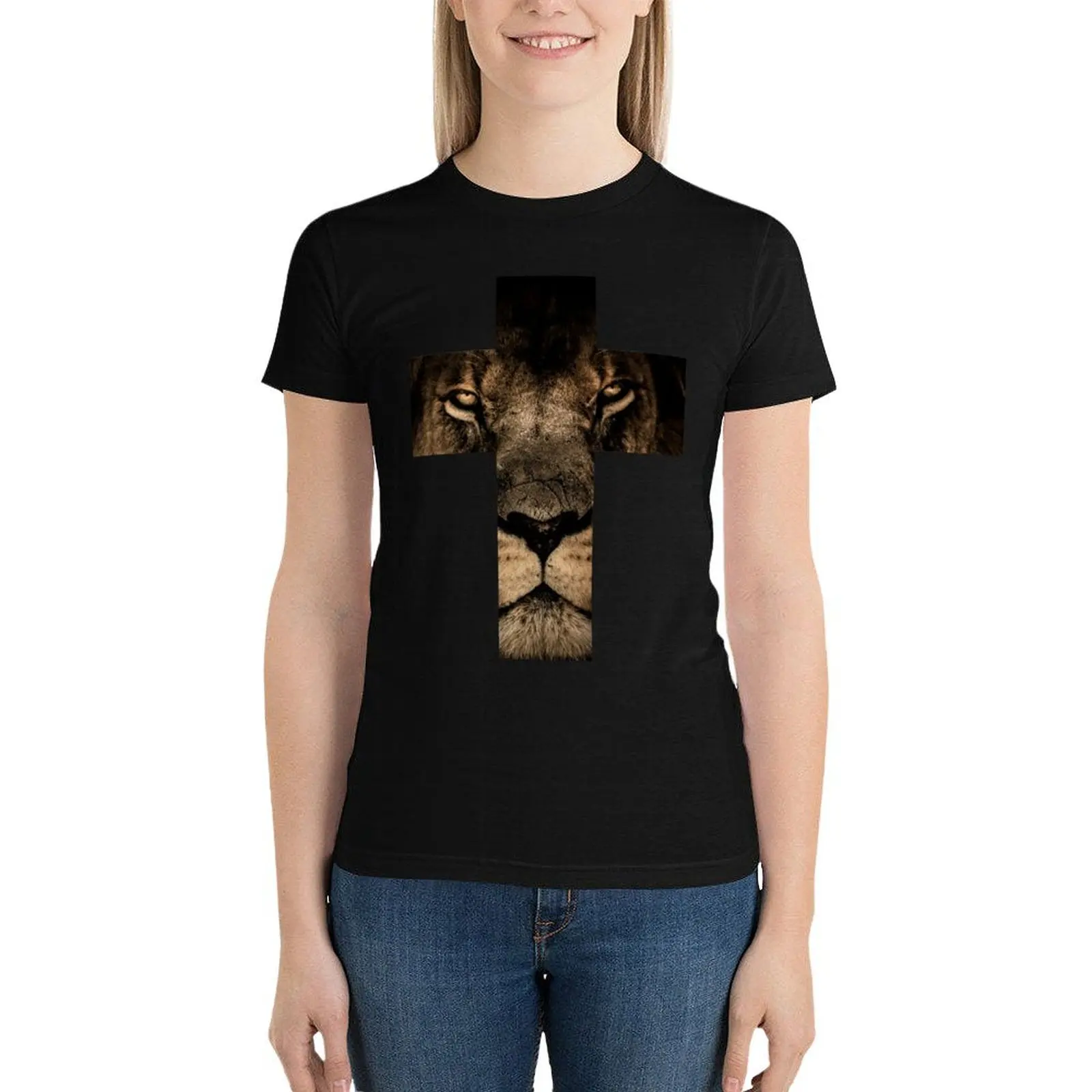 Christian Cross - Lion T-Shirt summer clothes aesthetic clothes western t shirts for Women