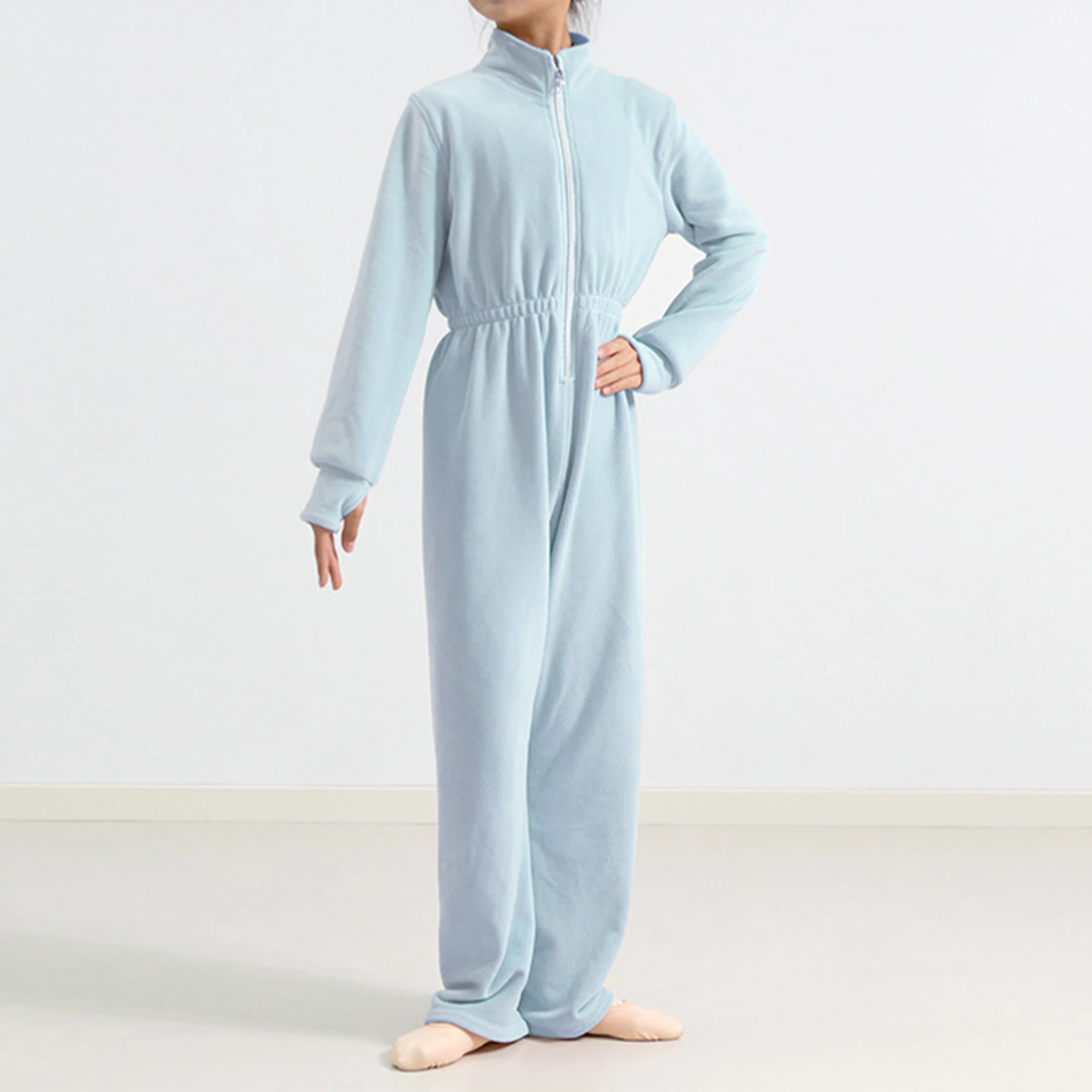 ชุดจั๊มสูทผ้าฟลีซสำหรับเด็กผู้หญิง คอตั้ง แขนยาว มีรูสำหรับนิ้วโป้ง เอวยางยืด ชุดบอดี้สูทผ้าฟลีซเนื้อนุ่มสำหรับใส่ที่บ้านและเล่น