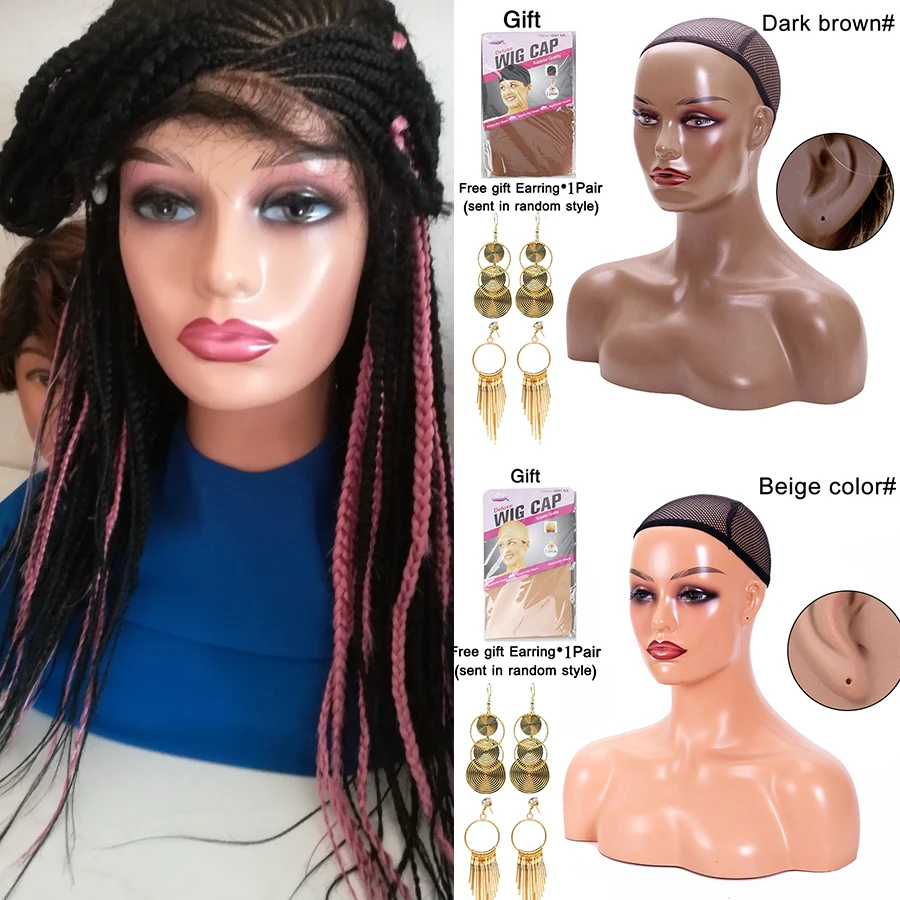 رأس عارضة أزياء أنثى واقعية مع كتف مانيكين PVC رأس تمثال نصفي شعر مستعار مع مكياج لأقراط القلادة #1