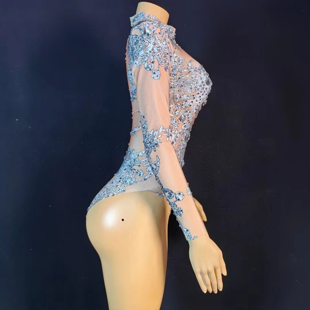 Handmade Purple Diamond Crystal Long Sleeved Jumpsuit Dance Performance Costumes Stage Wear Lady Club Birthday Party Bodysuits