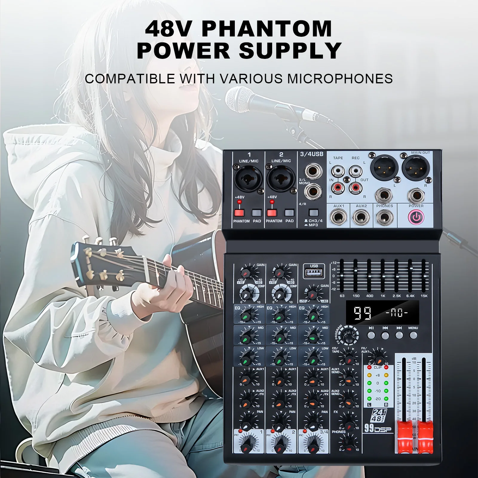 99 effects 4-channel mixing console with balance adjustment function Digital USB Bluetooth Echo Delay Effect 48V Stereo